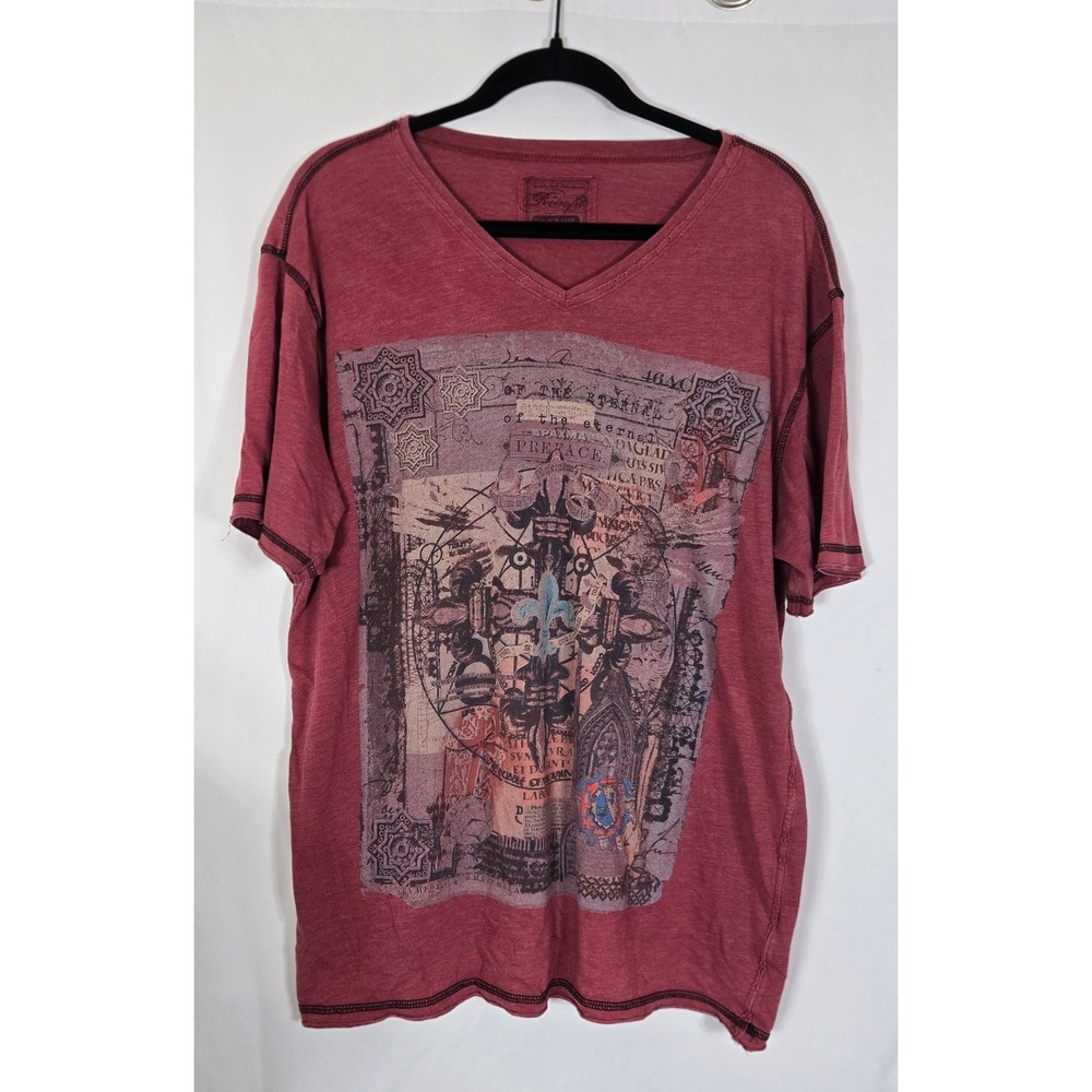 Retrofit Men's XL Graphic T-Shirt‎ Red V-Neck Fleur de Lis Gothic Print Grunge
